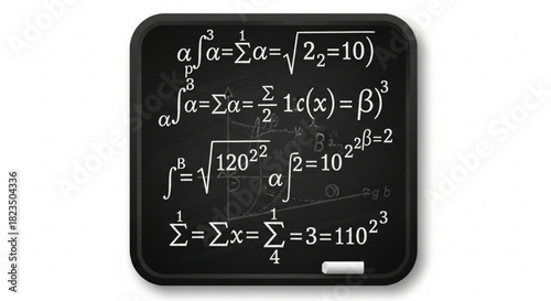 Black chalkboard with complex mathematical formulas, equations, and symbols written in white chalk, representing education and science