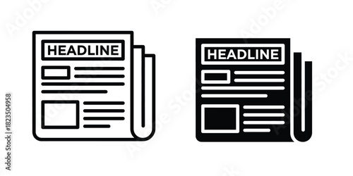 Two newspaper icons, one outline and one solid black, showcasing the word headline and article layout, isolated on white.