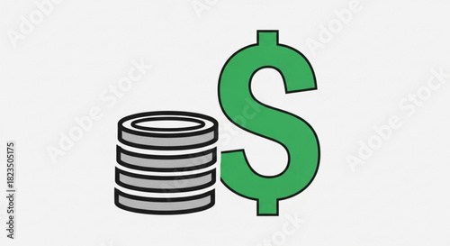 Simple green dollar sign symbol next to a stack of gray coins representing finance, wealth, currency, and monetary value