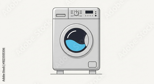 Front loading washing machine icon with water inside the drum, modern household appliance for laundry