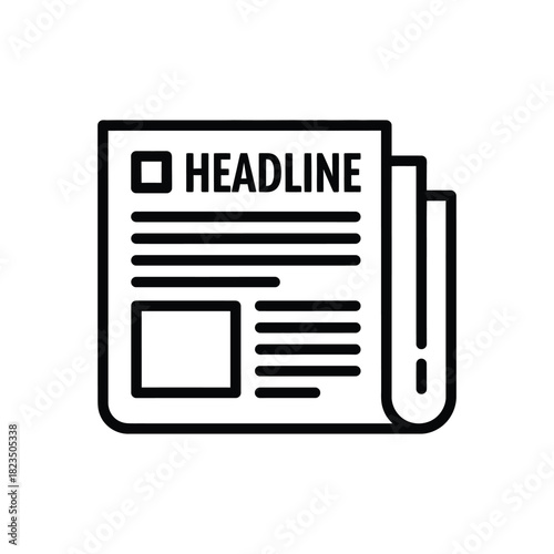 Isolated line art icon of a newspaper with the word headline and text, representing news and information dissemination.