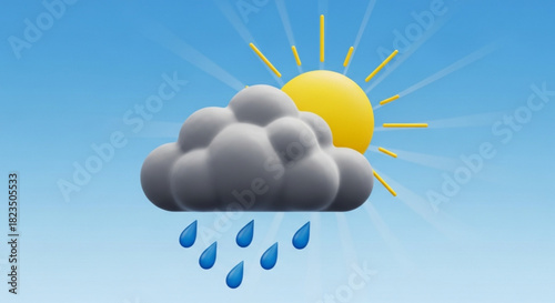 A 3d rendering of a dark rain cloud with drops falling in front of a bright yellow sun against a clear blue sky background