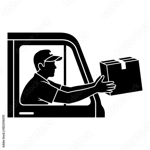 Delivery driver passing package from van window, efficient and dependable shipping service