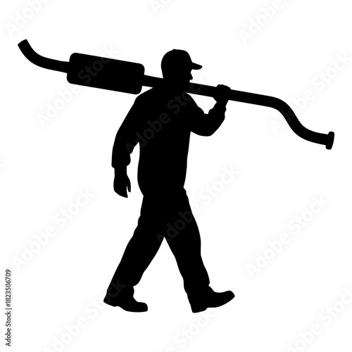 Silhouette of a mechanic carrying an exhaust pipe symbolizes automotive repair expertise