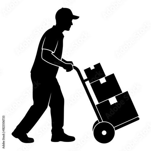 Delivery driver moving boxes with hand truck ready for shipping and transport services