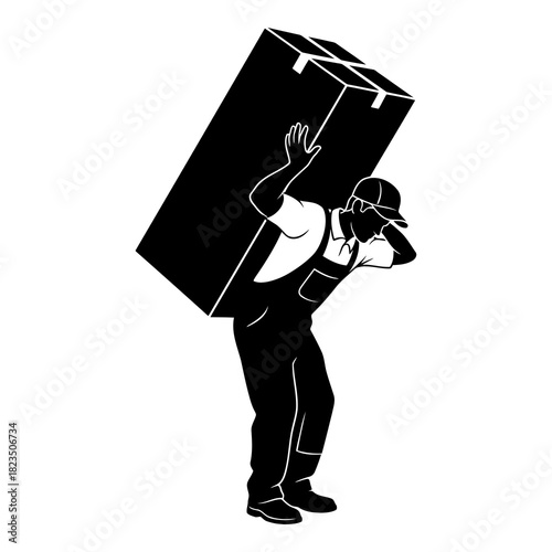 Man carrying heavy box with great effort showing hard work and physical strength