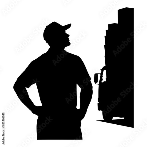 Silhouette of delivery worker inspecting truck load, logistics and transportation concept