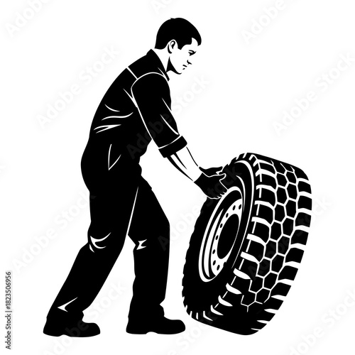 Skilled mechanic rolling heavy tire at auto repair shop providing reliable service