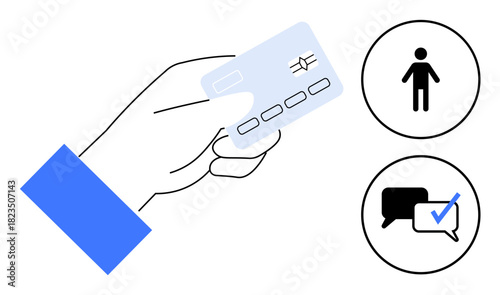 Hand holding credit card highlights online transactions alongside a person icon and speech bubble with check mark. Ideal for digital payment, identity verification, user interaction, financial