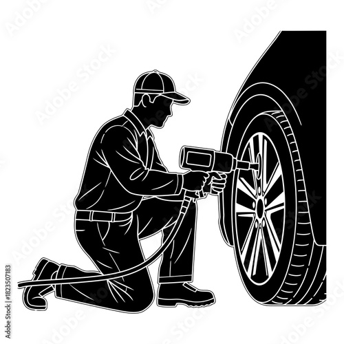 Dedicated mechanic changing car tire with impact wrench, professional auto service icon