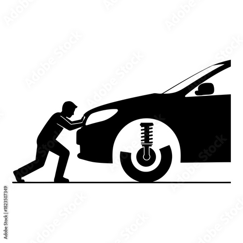 Car Trouble Concept Man Pushing Silhouette with Hood Open Emergency Roadside Assistance