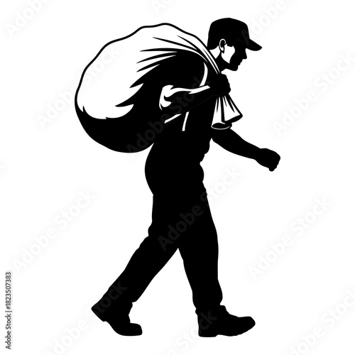Mysterious figure carrying heavy sack, stealthy silhouette in the night, crime concept