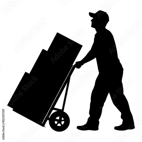 Silhouette of mover hauling boxes with a dolly, professional delivery service worker