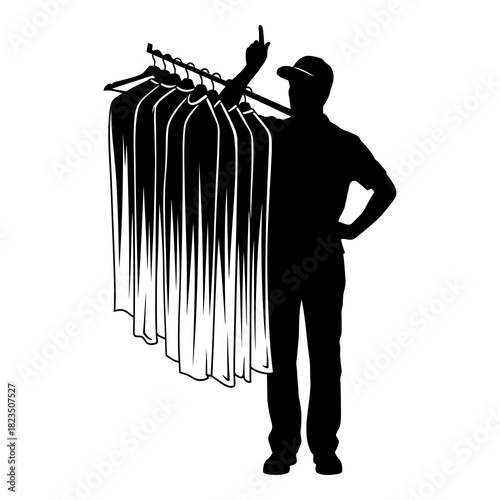 Reliable dry cleaner silhouette holding freshly cleaned clothes, professional service