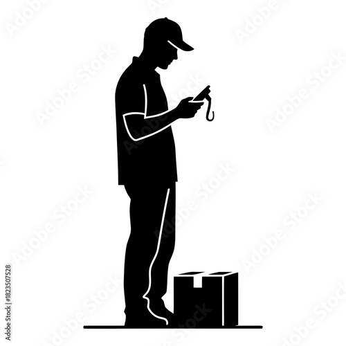Delivery Driver Using Smartphone for Package Drop Off Confirmation Process Black Silhouette