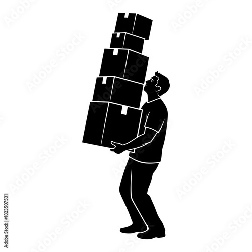 Man Carrying Heavy Stack of Cardboard Boxes Expressing Overload, Burden, and Hard Work