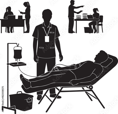 Medical team attending to patient receiving blood transfusion silhouette medical care scene