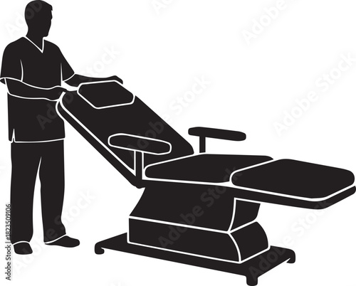 Medical professional with adjustable examination table silhouette ready for patient care
