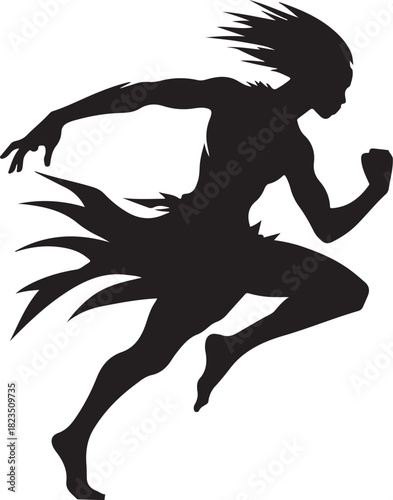 Silhouette illustration of an African warrior running or jumping, possibly in battle, exhibiting strength and speed.