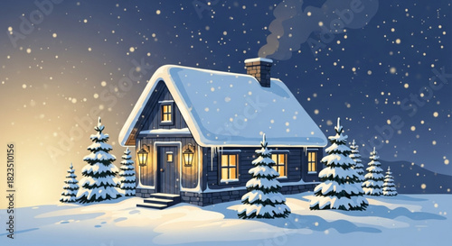 Cozy winter cabin scene with fresh snowfall creating a magical Christmas holiday atmosphere, perfect for seasonal greetings and warm wishes by the fireplace