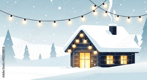 Cozy winter cabin scene with glowing lights, perfect for holiday cards or seasonal promotions, evokes warmth and cheer during the snowy season