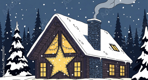 Charming winter cabin scene with glowing star and snow, perfect for holiday greetings and festive designs, bringing warmth and joy to any project
