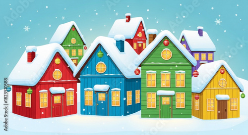 Charming snowy village brings winter holiday cheer, perfect for greeting cards, festive designs, and heartwarming seasonal projects, originally vector art