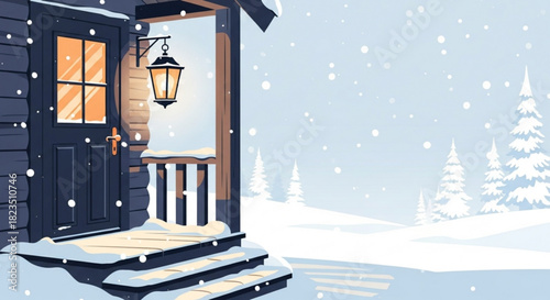 Cozy winter cabin entrance with glowing lantern, a serene snow scene perfect for holiday greetings and seasonal promotions, originally designed as scalable vector art