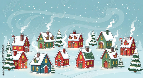 Charming winter village scene with snow-covered cottages and decorated trees, perfect for holiday greetings and festive designs, originally created as vector art