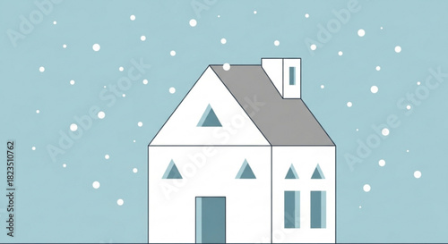 Charming minimalist house in winter snowfall, cozy home for holidays, simple geometric design, clean architectural lines, modern aesthetic, peaceful scene