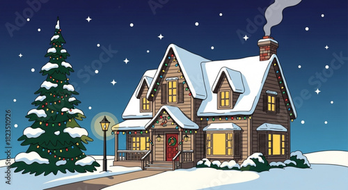 Charming snow-covered house radiates holiday warmth with festive Christmas lights, a decorated tree, and the promise of cozy winter nights