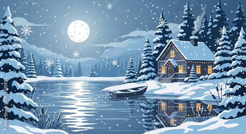 Serene winter wonderland scene with snow-covered cabin, moonlit lake, and falling snowflakes, perfect for holiday greetings and cozy winter projects