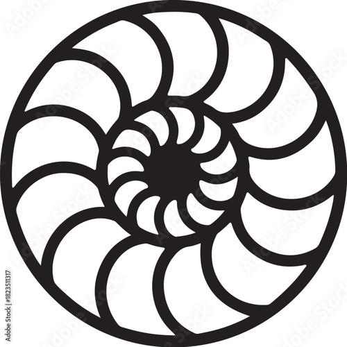 Abstract black and white spiral pattern resembling a nautilus shell or Fibonacci sequence swirl circular on transparent background