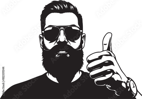 Bearded Man in Sunglasses with Watch Giving Thumbs Up Silhouette gesture on transparent background