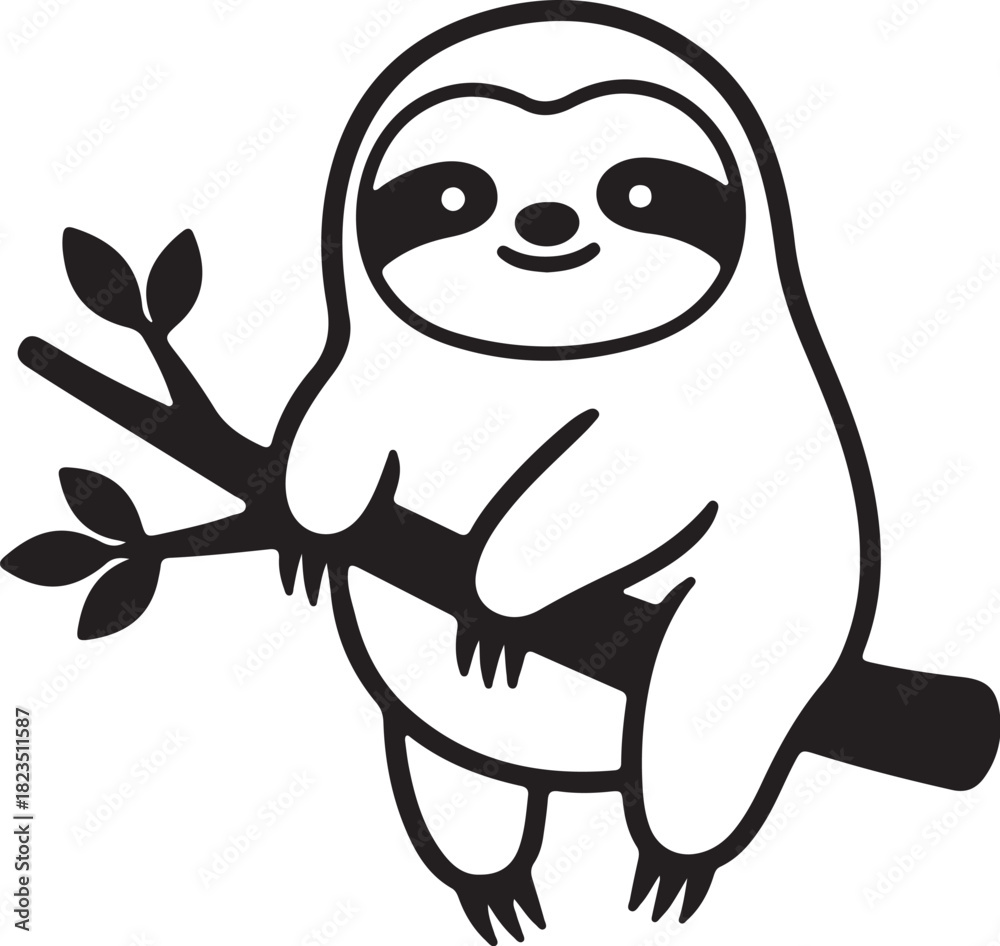Fototapeta premium Cartoon sloth hanging on a tree branch with leaves animal cute on transparent background