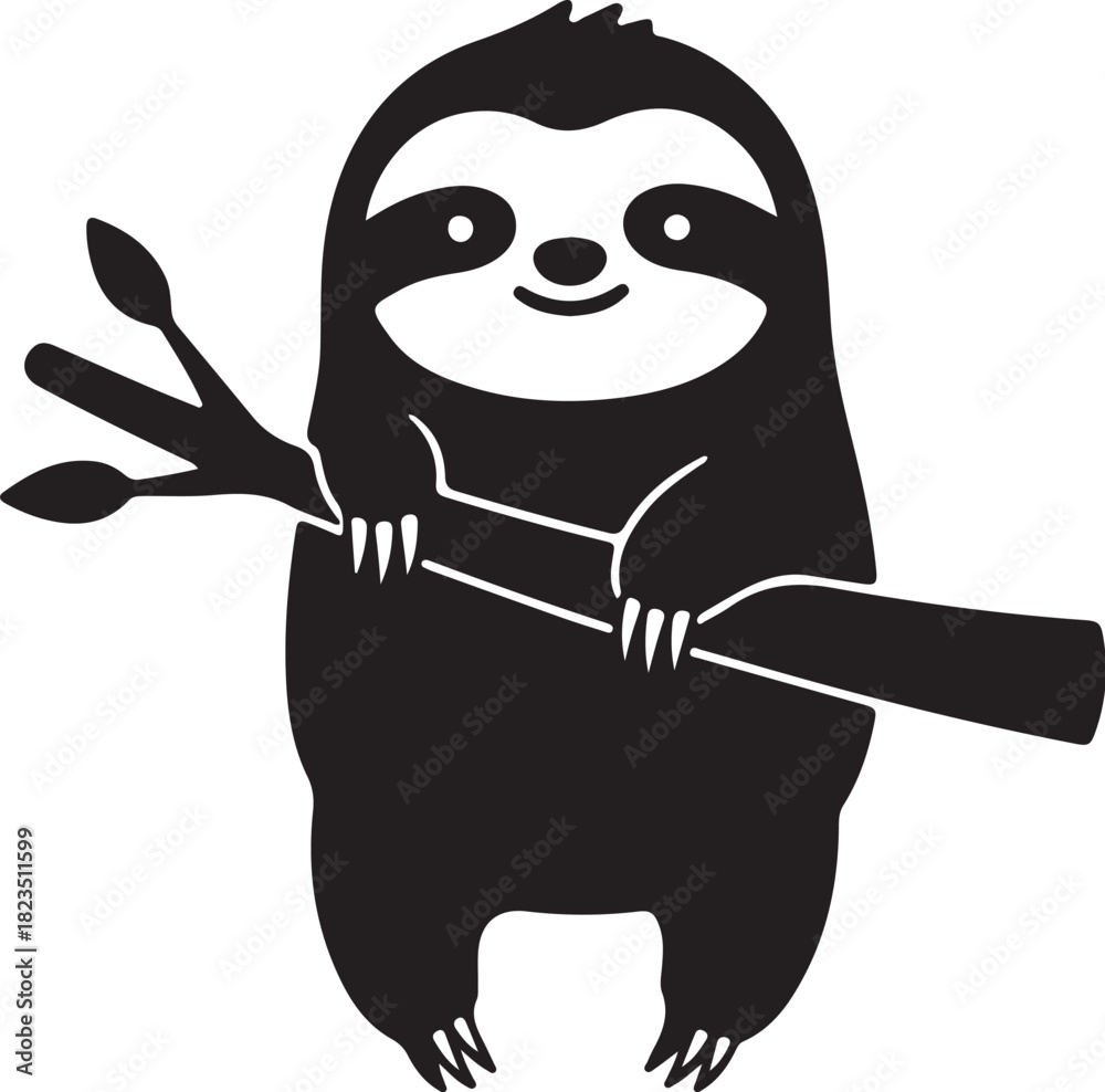 Naklejka premium Cute black and white illustration of a sloth hanging from a tree branch animal adorable on transparent background