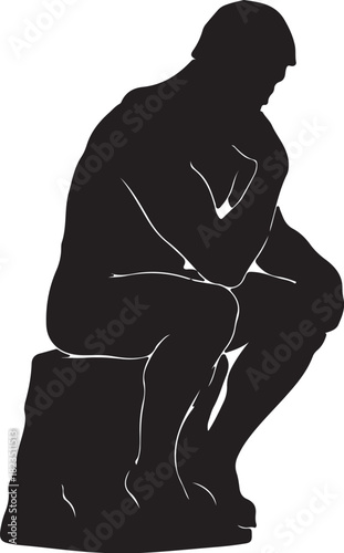 Black Silhouette of Rodin's The Thinker Statue sculpture black and white on transparent background