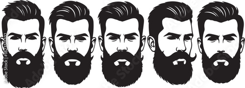 Five Diverse Black And White Bearded Man Faces With Different Beard Styles male mustache on transparent background