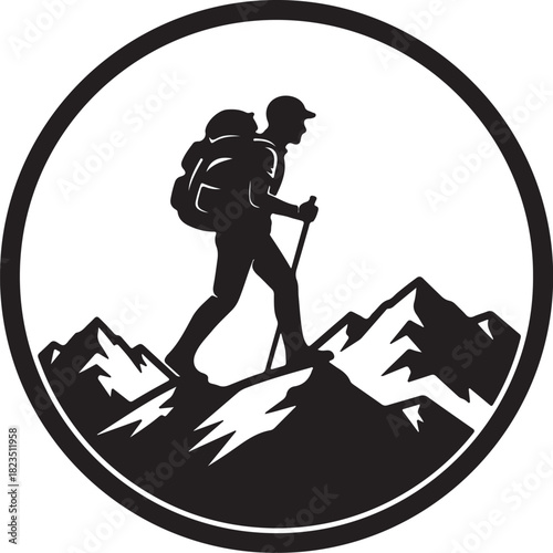 Silhouette of a hiker with a backpack and trekking poles on a mountain peak inside a circle vector illustration on transparent background