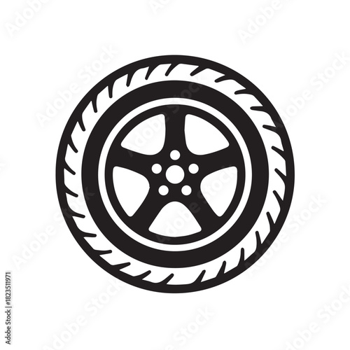 A Detailed and Bold Black Tire and Wheel Icon Featuring a Five-Spoke Rim and Textured Tread Pattern for Automotive, Mechanical, and Transport-Related Design Uses