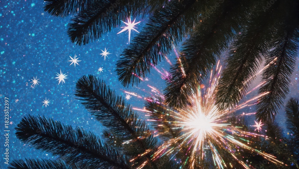 Fototapeta premium Sparkler on a Christmas tree with a starry night sky background.