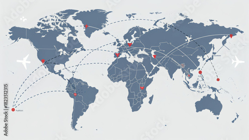  Minimalist World Map with Connected Flight Routes, Flat Vector Illustration