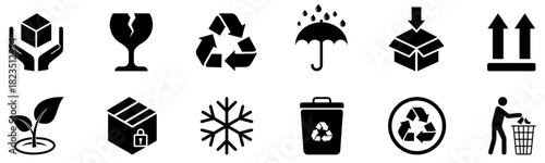 Packaging safety, shipping handling, recycling and eco-friendly symbols solid black icon set collection