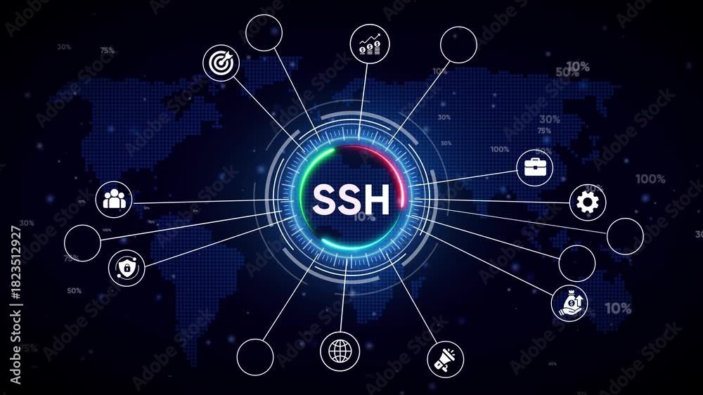 Secure Socket Shell SH network connection diagram with global map and ...