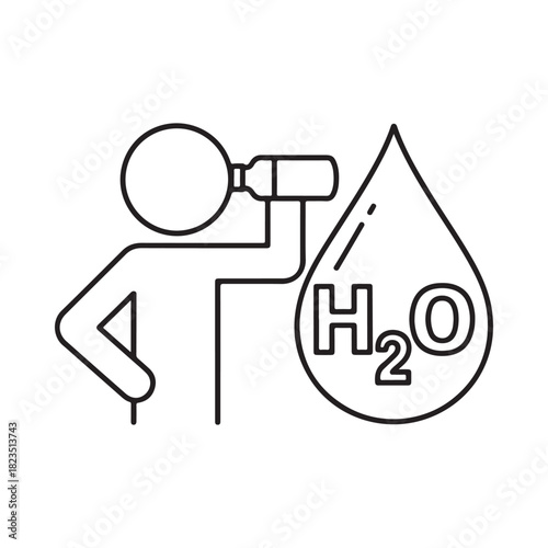 Person drinking water from a bottle next to a water droplet icon