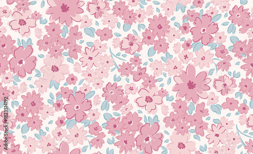 Cute seamless floral background with small pink flowers in a soft pastel color palette. Romantic, sweet, and decorative pattern for textile and surface design.
