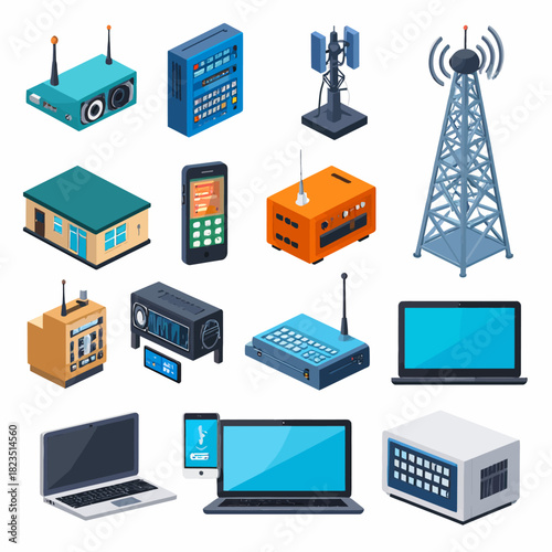 Isometric illustration of various telecommunication and networking devices and infrastructure.