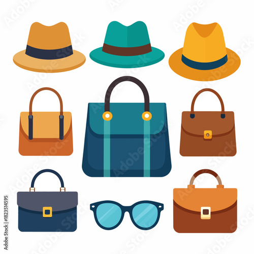 A collection of stylish accessories including hats, handbags, and sunglasses.