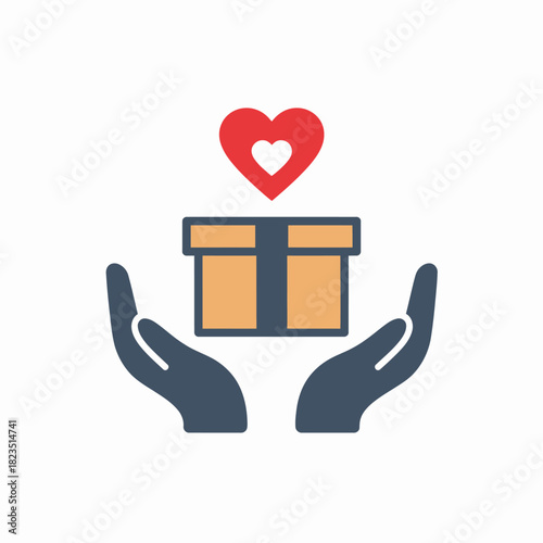 Hands holding a gift box with a heart above, symbolizing charity, donation, and generosity.