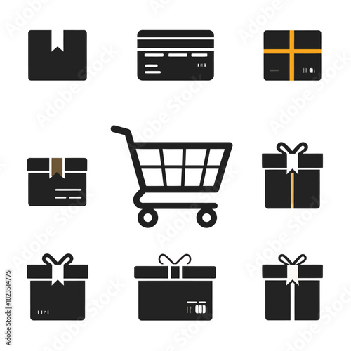 A collection of black and white icons representing online shopping, delivery, and gift concepts, including boxes, a credit card, and a shopping cart.